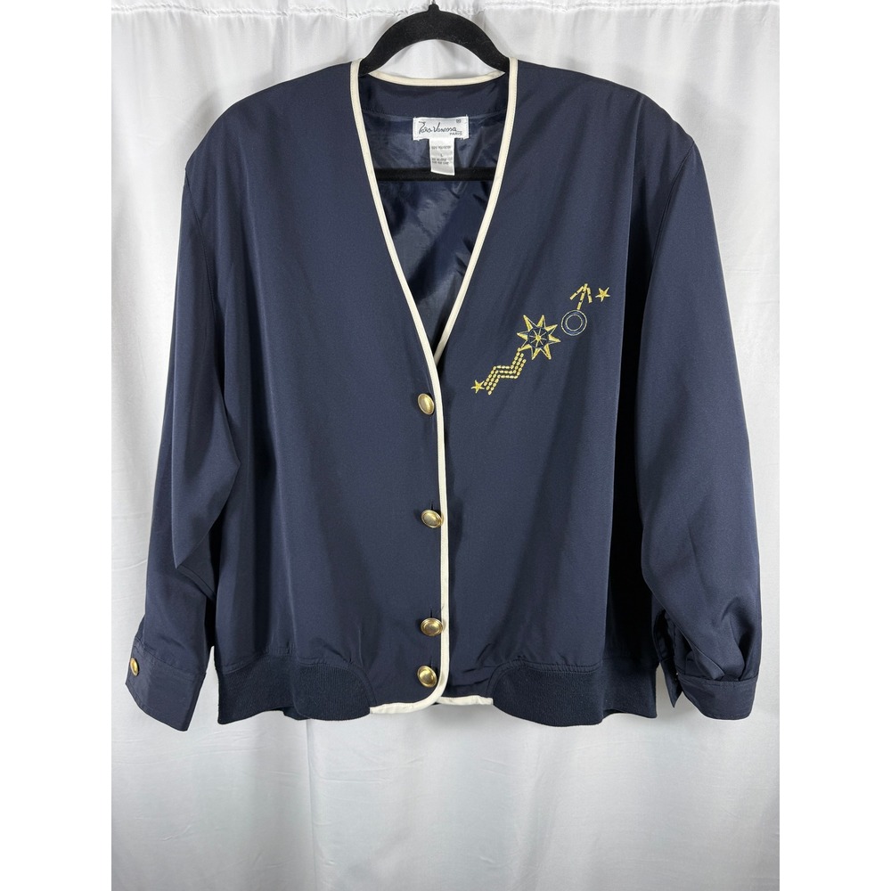 Vintage Tara Vanessa Paris Navy Blue Celestial Embroidered Gold Button Jacket‎ L